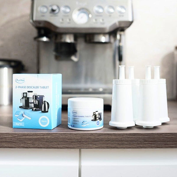 Puritex Entkalkungs- und Reinigungstabletten und vier Pure-Wave-Wasserfilter