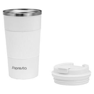 Sopresta Dobbeltvægget Termokrus i Stål 450 ml i hvid med låg ved siden af