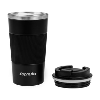 Sopresta Dobbeltvægget Termokrus i Stål 450 ml med låg ved siden af